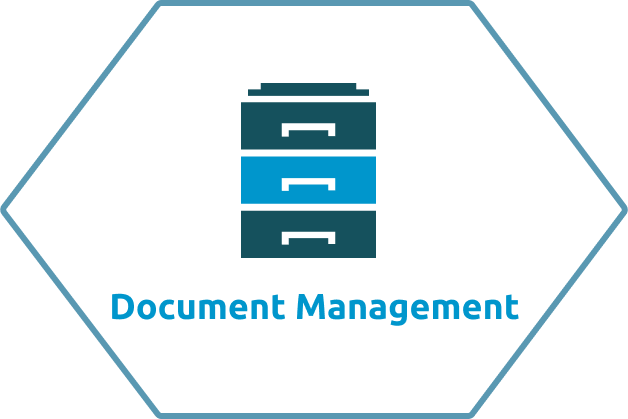 document management within a hexagon and a filing cabinet icon